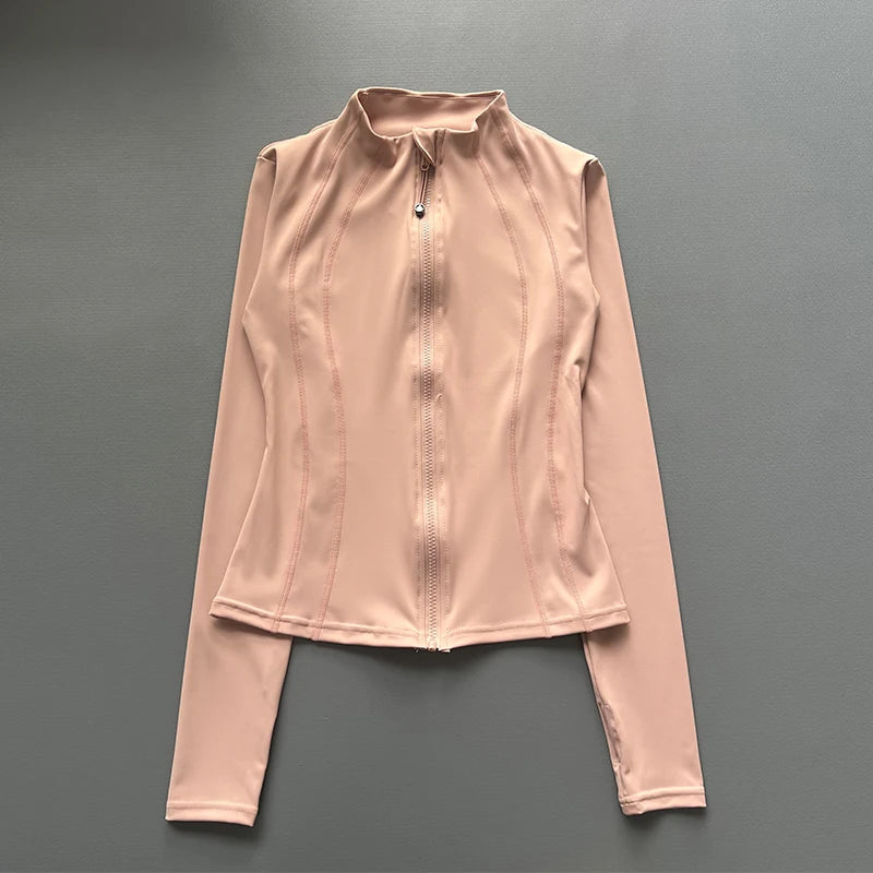 Windproof Fitted Yoga Jacket for Women-Thickened Stand Collar Long Sleeve Cardigan for Running Gym/Fall Cycling with Quick-Dry