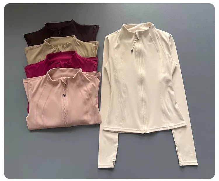 Windproof Fitted Yoga Jacket for Women-Thickened Stand Collar Long Sleeve Cardigan for Running Gym/Fall Cycling with Quick-Dry