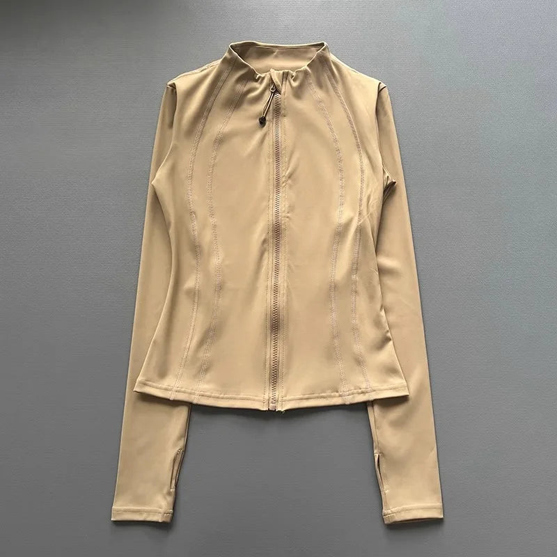 Windproof Fitted Yoga Jacket for Women-Thickened Stand Collar Long Sleeve Cardigan for Running Gym/Fall Cycling with Quick-Dry