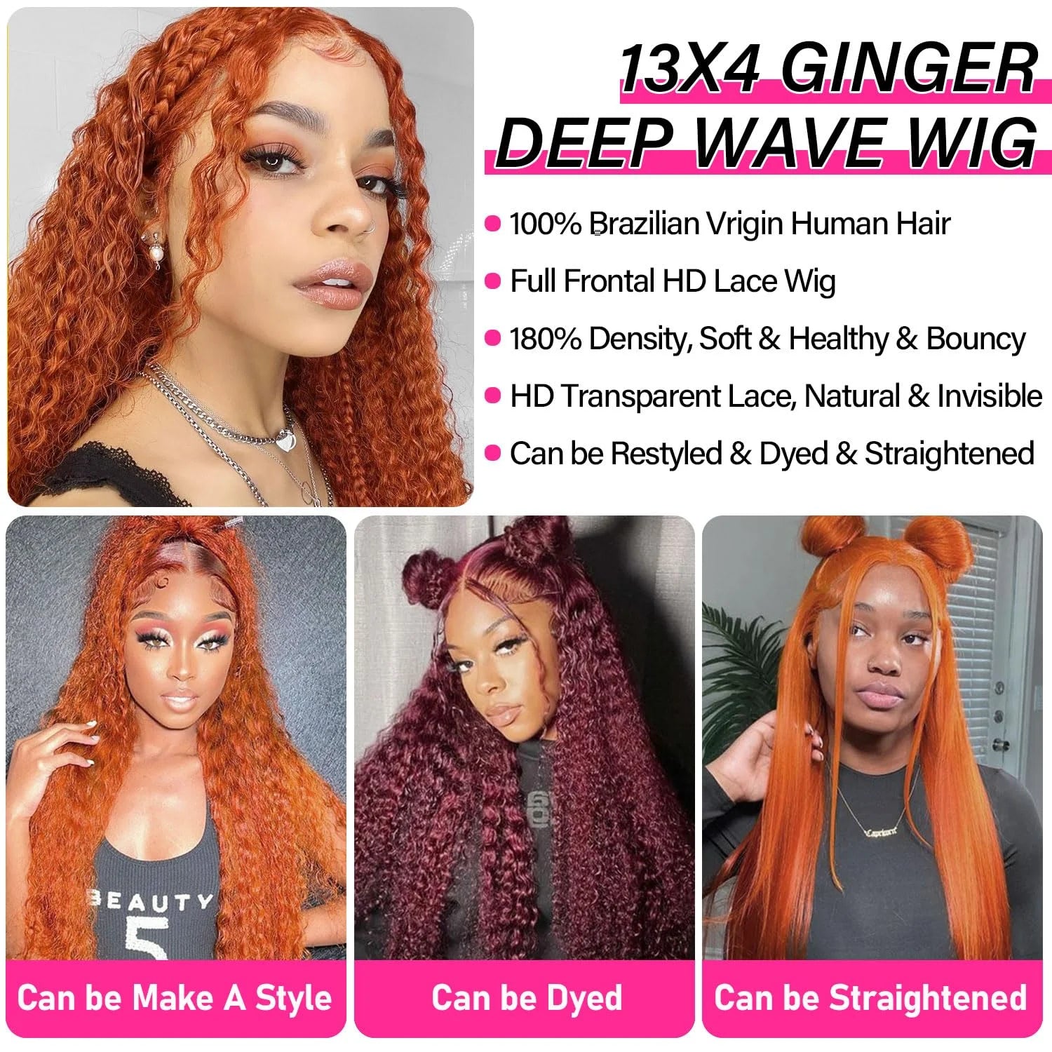 250% High Density 13x6 Ginger Orange Curly HD Transparent Lace Front Wigs Human Hair 13x4 Deep Wave Human Hair Wigs for Women