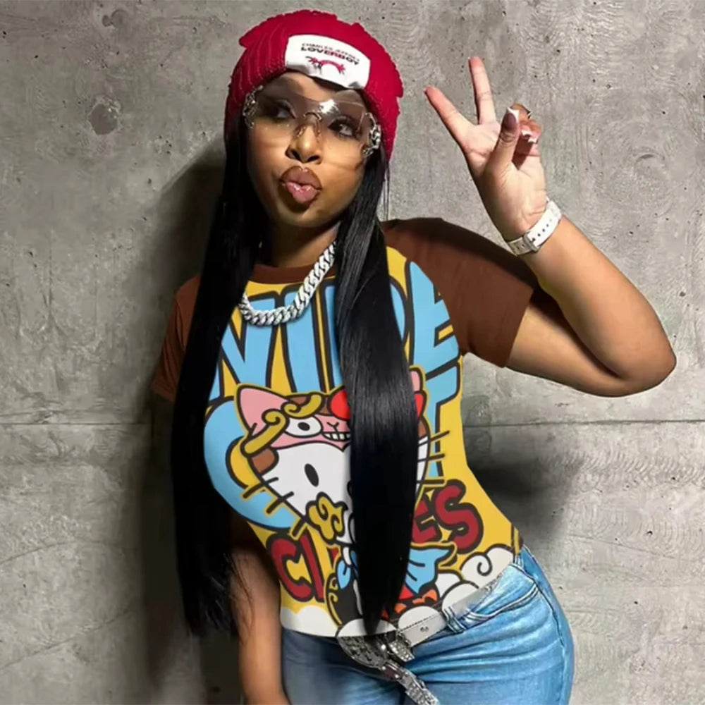 Y2K Hello Kitty Hot Selling Cute Cartoon High Street Hip Hop Shirt Women's Loose Casual Comfortable Sports Short Sleeved T-Shirt