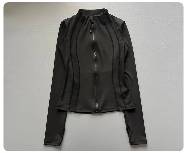 Windproof Fitted Yoga Jacket for Women-Thickened Stand Collar Long Sleeve Cardigan for Running Gym/Fall Cycling with Quick-Dry
