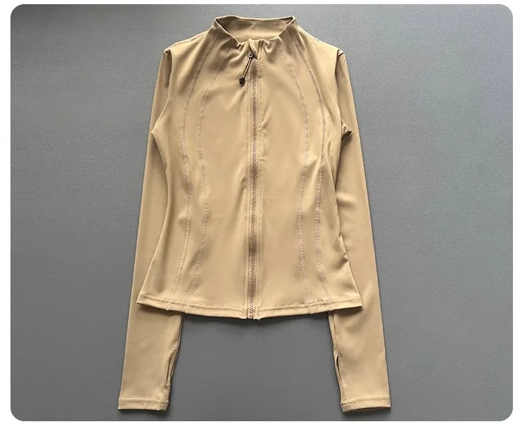 Windproof Fitted Yoga Jacket for Women-Thickened Stand Collar Long Sleeve Cardigan for Running Gym/Fall Cycling with Quick-Dry