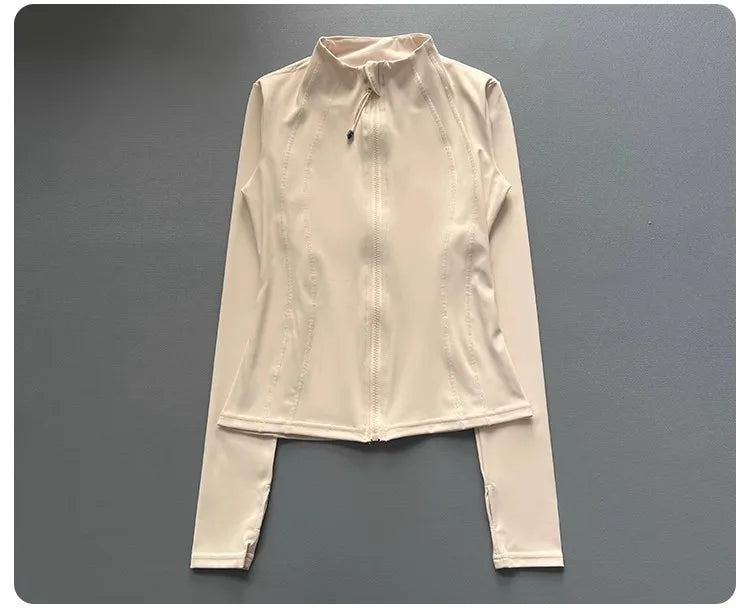 Windproof Fitted Yoga Jacket for Women-Thickened Stand Collar Long Sleeve Cardigan for Running Gym/Fall Cycling with Quick-Dry