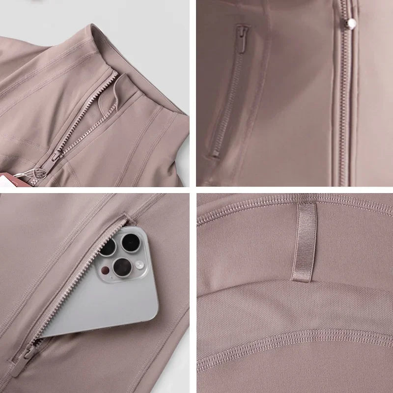 Yoga Jacket Women's Zipper Stand-up Collar Slim Fit with Pockets Outdoor Sports Long-sleeved Warm and Windproof Fitness Clothes
