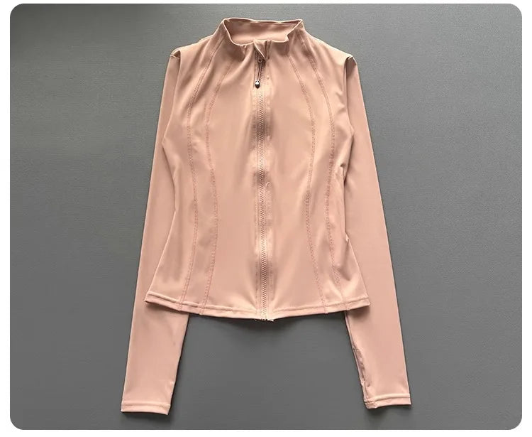 Windproof Fitted Yoga Jacket for Women-Thickened Stand Collar Long Sleeve Cardigan for Running Gym/Fall Cycling with Quick-Dry