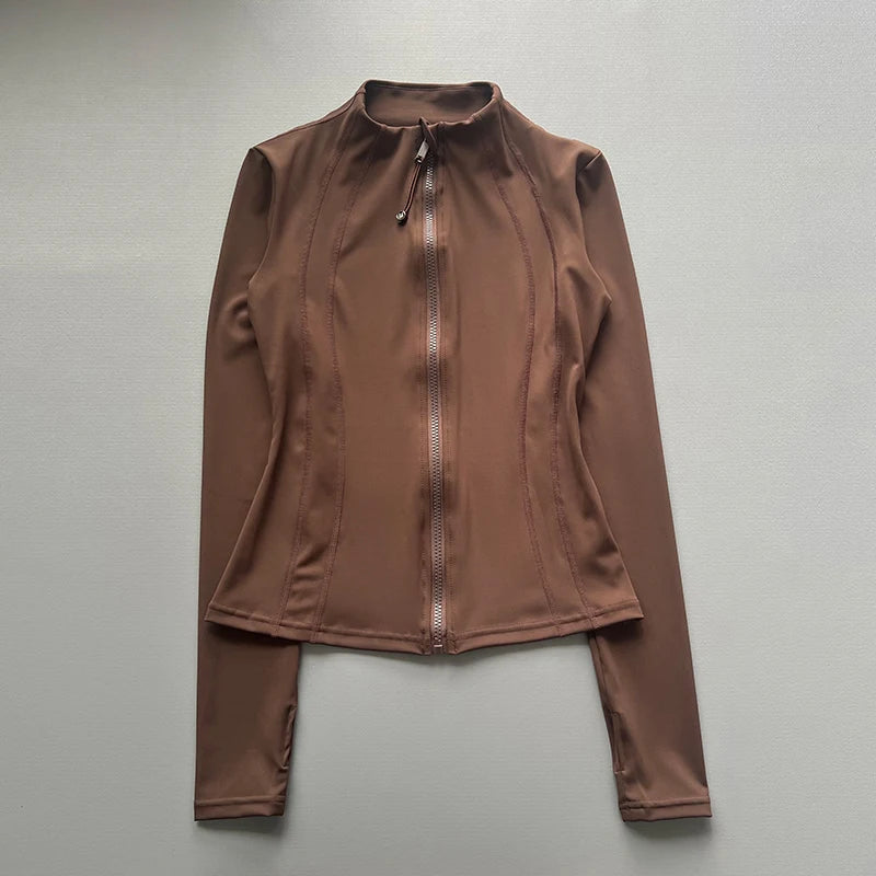 Windproof Fitted Yoga Jacket for Women-Thickened Stand Collar Long Sleeve Cardigan for Running Gym/Fall Cycling with Quick-Dry