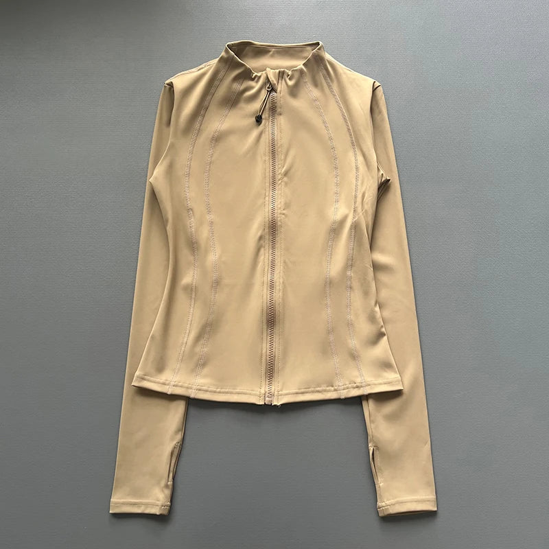 Windproof Fitted Yoga Jacket for Women-Thickened Stand Collar Long Sleeve Cardigan for Running Gym/Fall Cycling with Quick-Dry