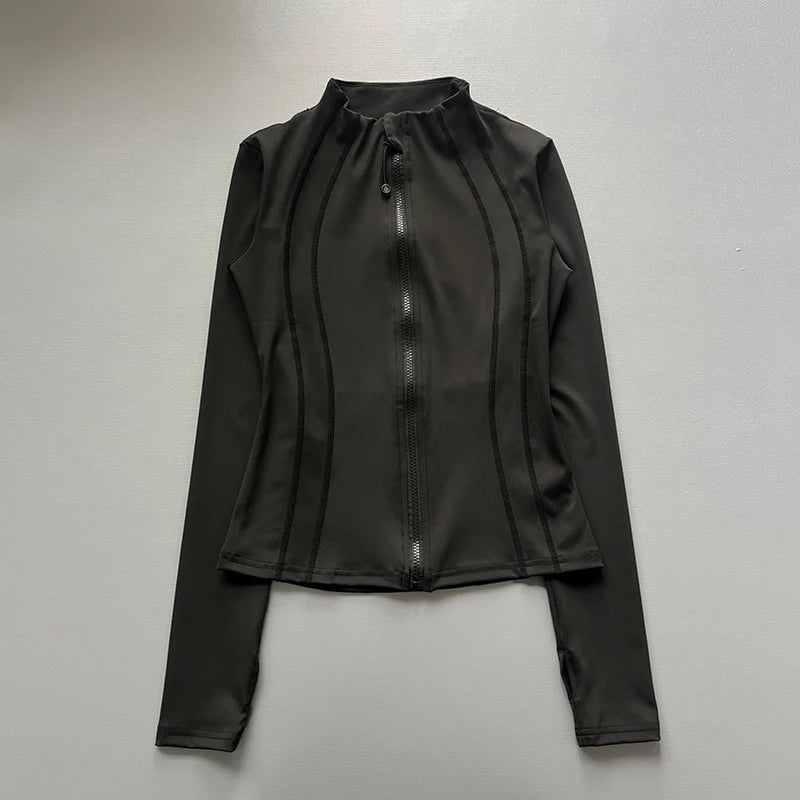 Windproof Fitted Yoga Jacket for Women-Thickened Stand Collar Long Sleeve Cardigan for Running Gym/Fall Cycling with Quick-Dry