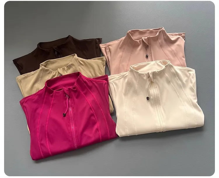 Windproof Fitted Yoga Jacket for Women-Thickened Stand Collar Long Sleeve Cardigan for Running Gym/Fall Cycling with Quick-Dry