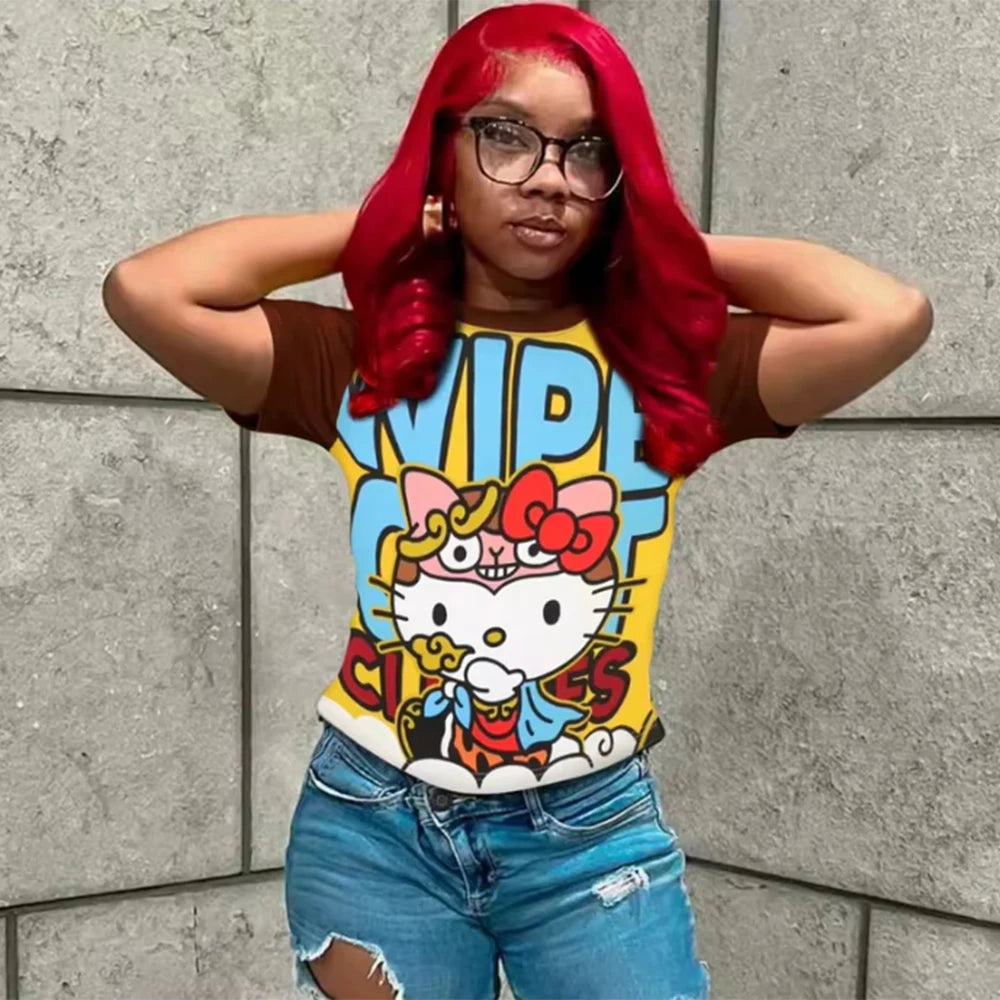 Y2K Hello Kitty Hot Selling Cute Cartoon High Street Hip Hop Shirt Women's Loose Casual Comfortable Sports Short Sleeved T-Shirt