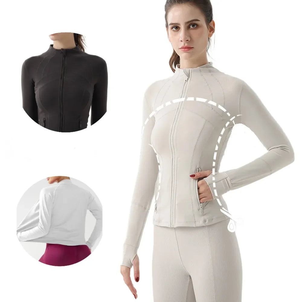 Yoga Jacket Women's Zipper Stand-up Collar Slim Fit with Pockets Outdoor Sports Long-sleeved Warm and Windproof Fitness Clothes