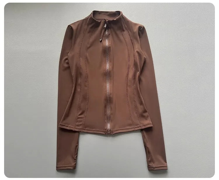 Windproof Fitted Yoga Jacket for Women-Thickened Stand Collar Long Sleeve Cardigan for Running Gym/Fall Cycling with Quick-Dry