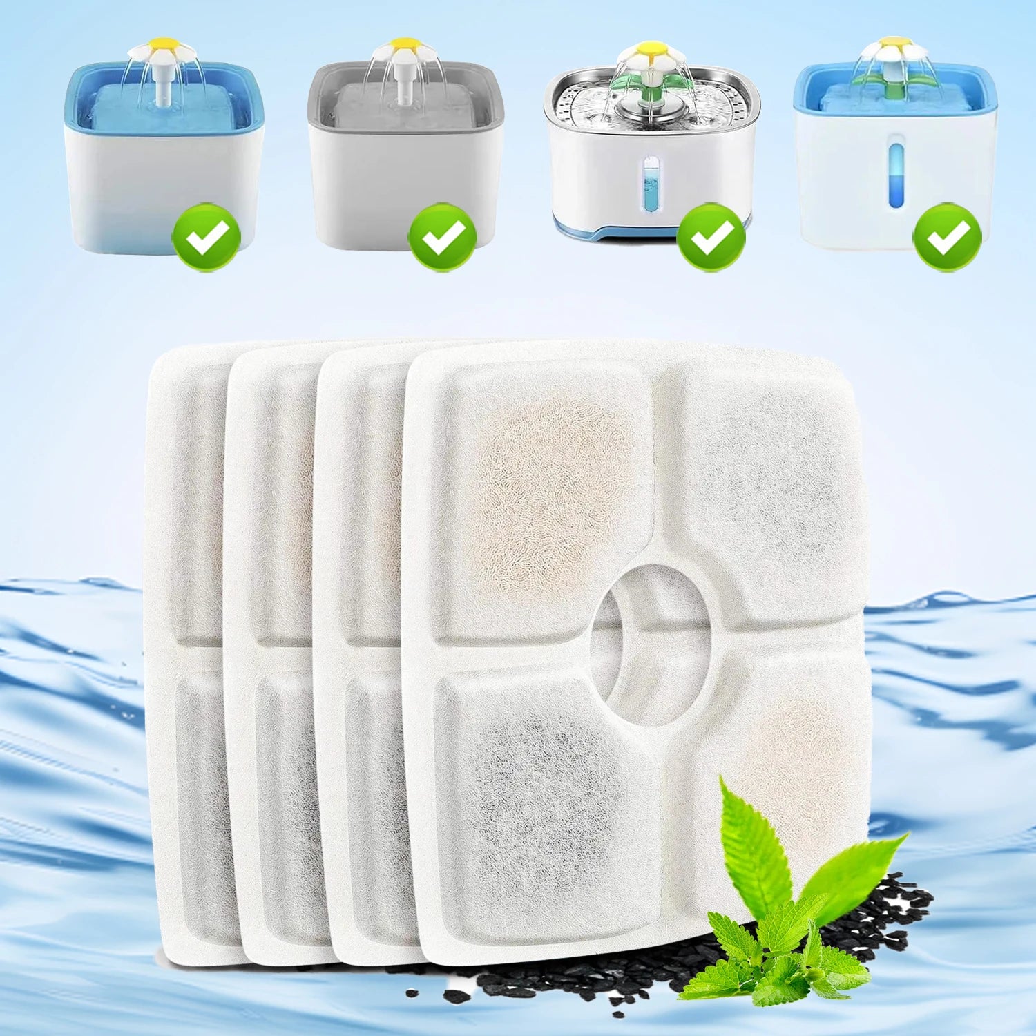 Pet Cat Water Fountain Filter Multi-Layer Filtration System with Activated Carbon Replacement Filters Square Filter(4-8 Pack)