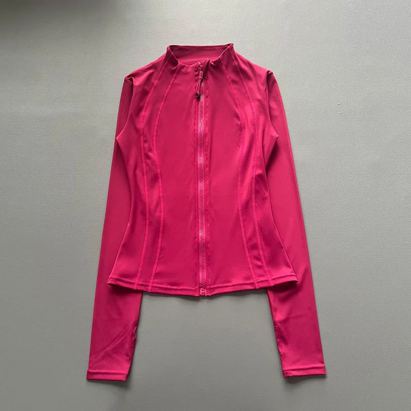 Windproof Fitted Yoga Jacket for Women-Thickened Stand Collar Long Sleeve Cardigan for Running Gym/Fall Cycling with Quick-Dry