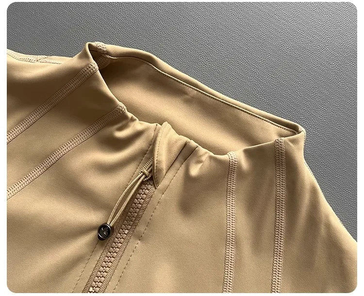 Windproof Fitted Yoga Jacket for Women-Thickened Stand Collar Long Sleeve Cardigan for Running Gym/Fall Cycling with Quick-Dry