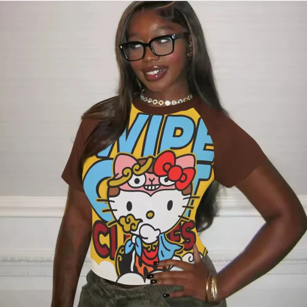 Y2K Hello Kitty Hot Selling Cute Cartoon High Street Hip Hop Shirt Women's Loose Casual Comfortable Sports Short Sleeved T-Shirt