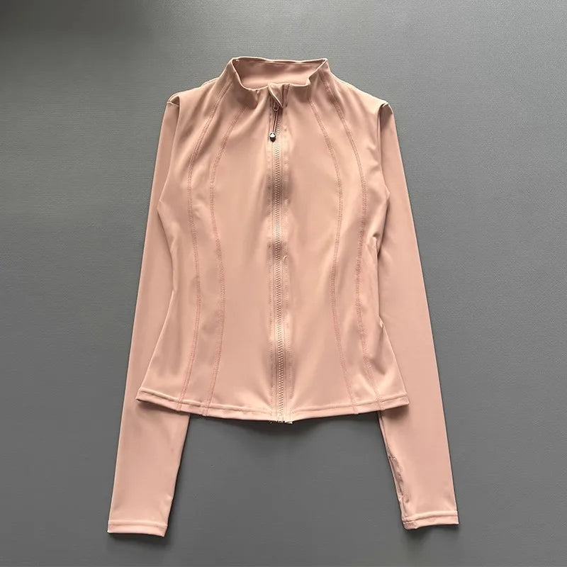 Windproof Fitted Yoga Jacket for Women-Thickened Stand Collar Long Sleeve Cardigan for Running Gym/Fall Cycling with Quick-Dry